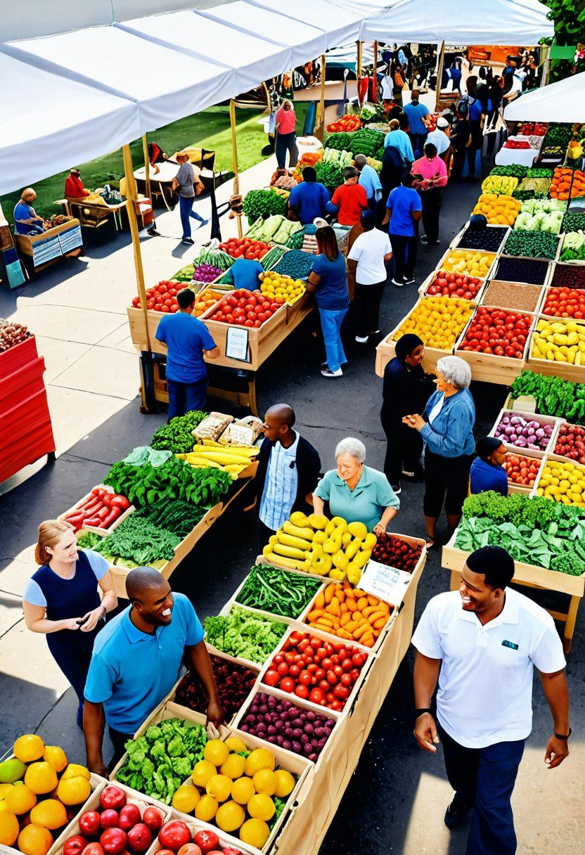 A cheerful, diverse group of people exploring a local farmer's market filled with fresh produce and colorful fruits and vegetables. In the background, there are informational booths with brochures on budget-friendly health resources and support groups. The scene is bright and welcoming, showcasing healthy eating and community engagement. soft color palette. vibrant and inviting. 3D.