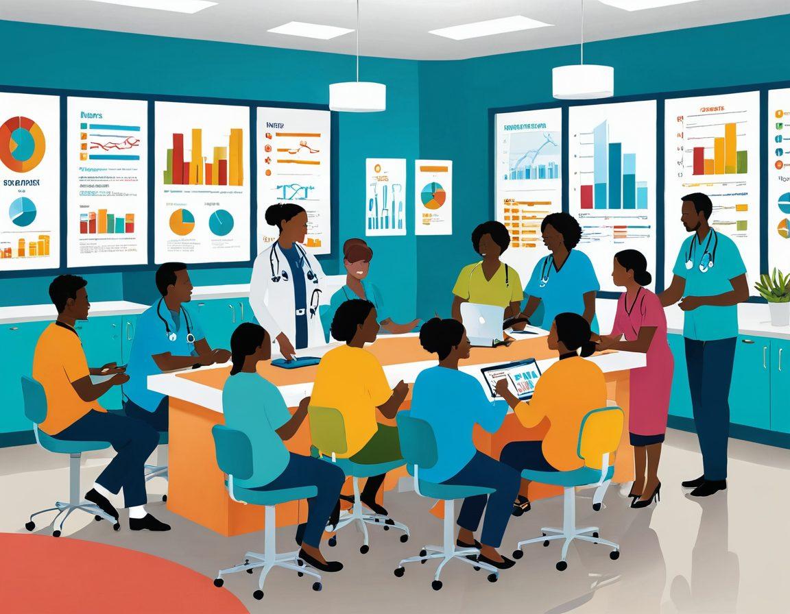 A vibrant illustration showcasing a diverse group of people happily interacting at a colorful budget clinic. Include healthcare professionals engaging with patients in a warm, welcoming atmosphere, surrounded by charts and infographics indicating affordable health services. Make sure to portray a sense of community and accessibility to care. The style should be bright and uplifting, emphasizing hope and affordability. vector art. vibrant colors.